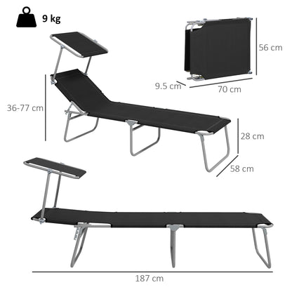 Foldable Sun Lounger Set of 2 with Sun Shade & Adjustable Backrest - Black