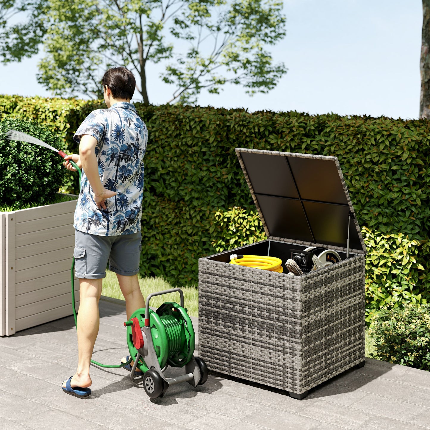 253L Garden Storage Box, Rattan Deck Box with Zipped Liner, Safe Pneumatic Rod, Patio Storage Container, Mixed Grey