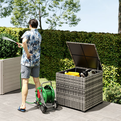 253L Garden Storage Box, Rattan Deck Box with Zipped Liner, Safe Pneumatic Rod, Patio Storage Container, Mixed Grey