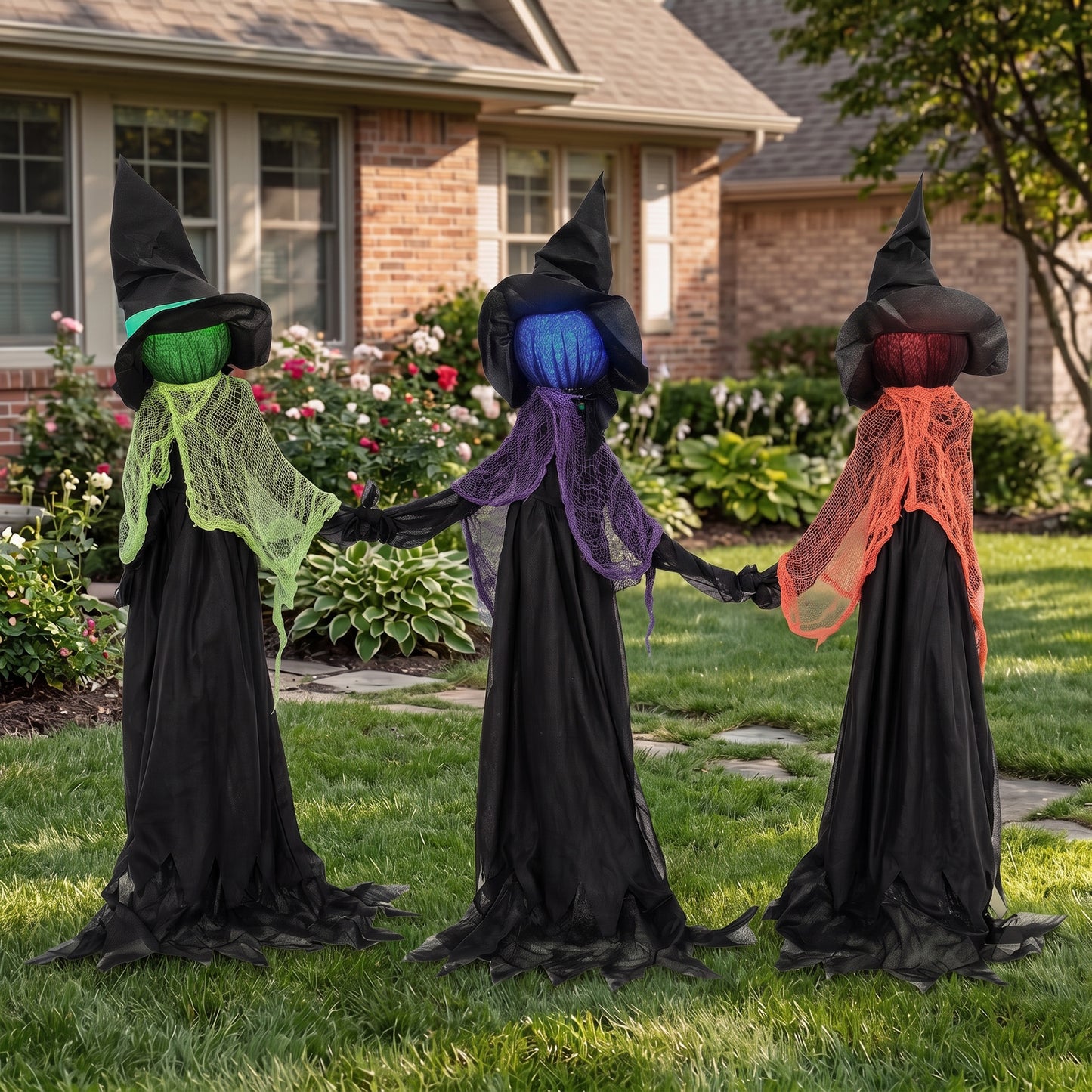 120cm Witches Holding Hands Halloween Decorations Outdoor Indoor, Scary Halloween Witch Decor with Light-Up Heads