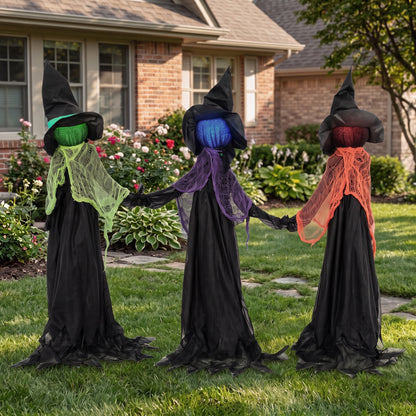 120cm Witches Holding Hands Halloween Decorations Outdoor Indoor, Scary Halloween Witch Decor with Light-Up Heads
