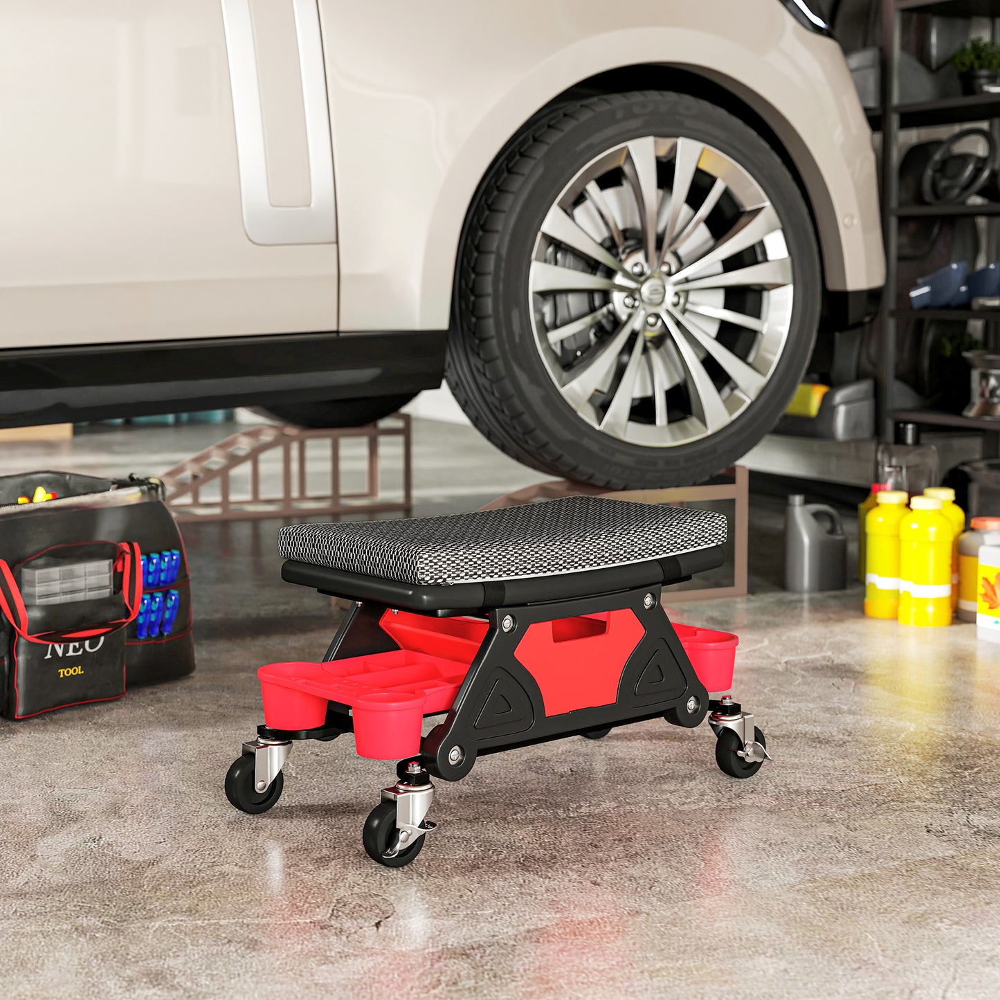 Rolling Mechanic Stool, 135kg Capacity Workshop Stool, 360° Swivel Roller Padded Creeper Seat with Wheels