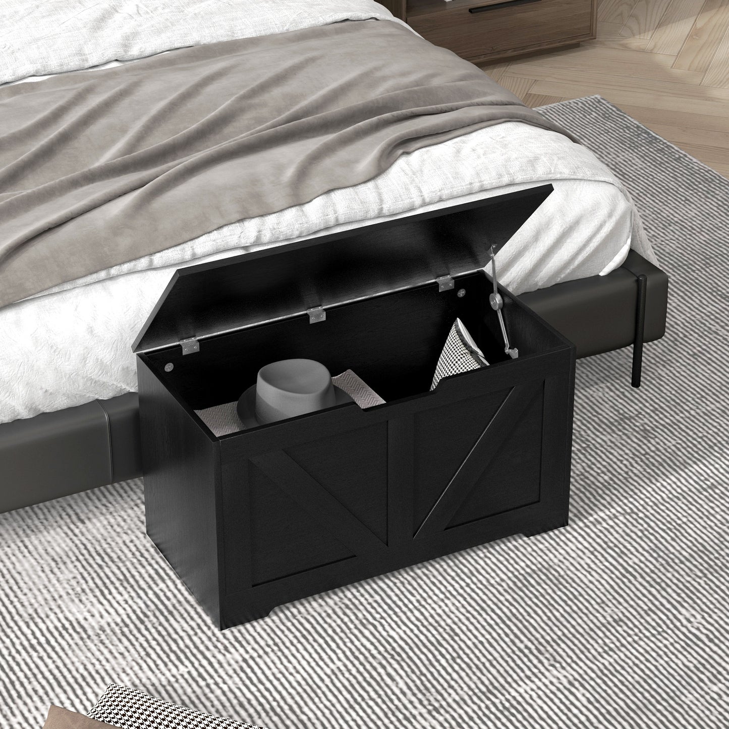 100L Home Storage Box, with Safety Hinge - Black Wood-Effect