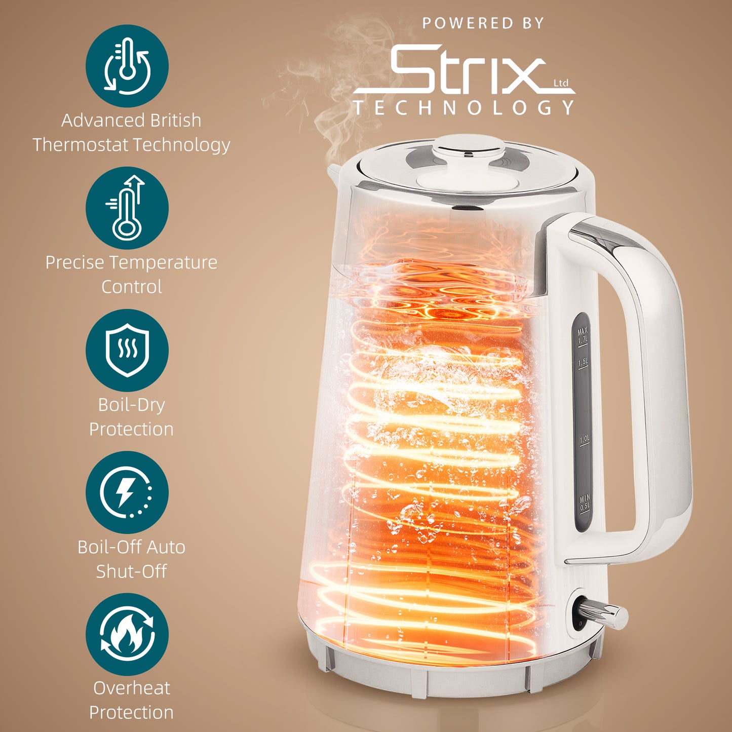 Electric Stainless Steel Kettle and Toaster Set, 3000W 1.7L UK Strix Thermostat Fast Boil Kettle w/ Limescale Filter