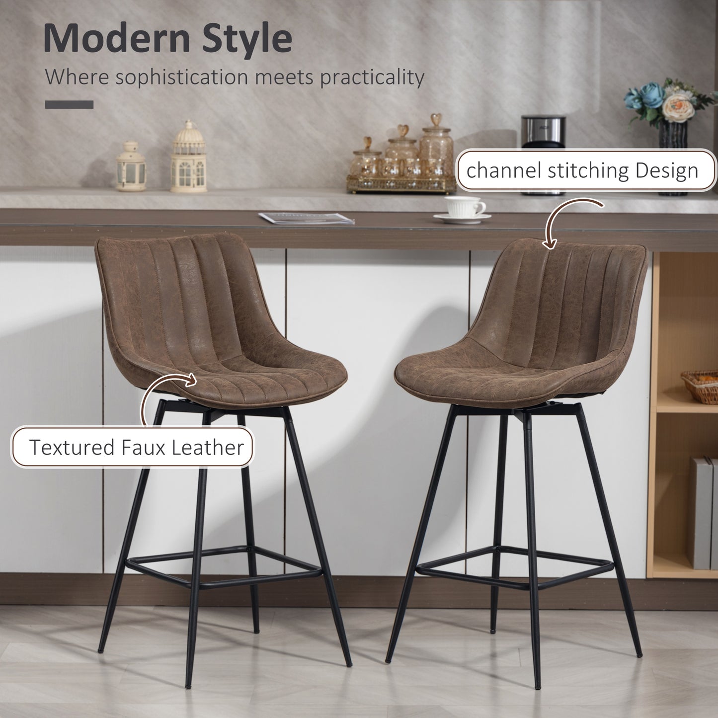 Set of 2 PU Leather Swivel Bar Stools - Brown