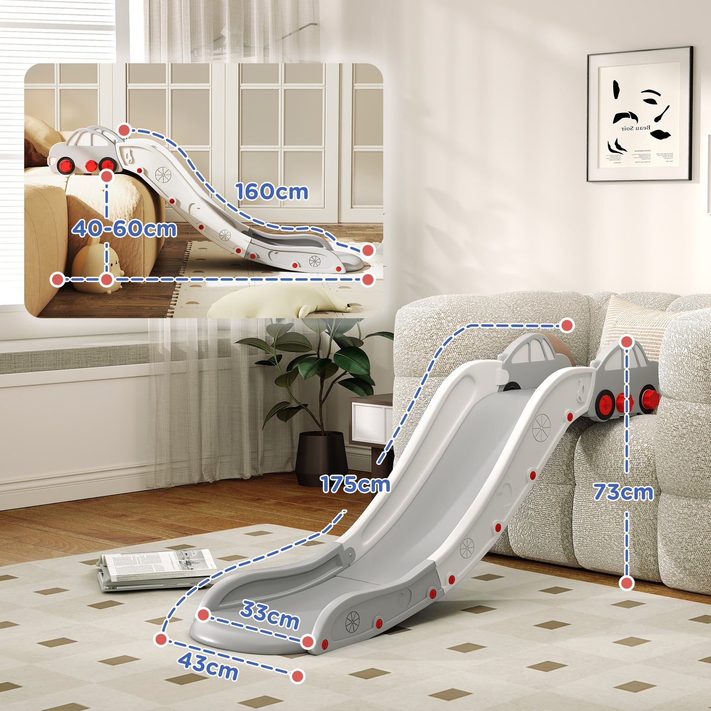Kids Slide for Bed, Sofa, with Extended Length, Easy to assemble and Store, Grey