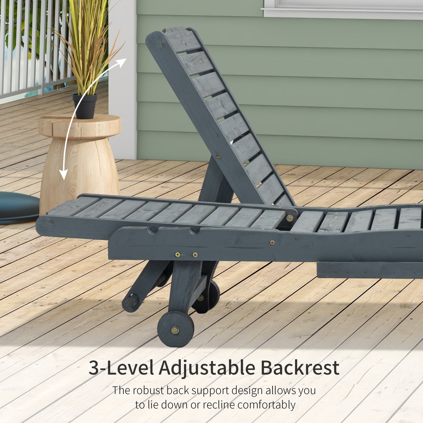 Garden Patio Sun Lounger, Outdoor Wooden Sun Bed with Built-In Table, Reclining Backrest and Rolling Wheels for Sunbathing
