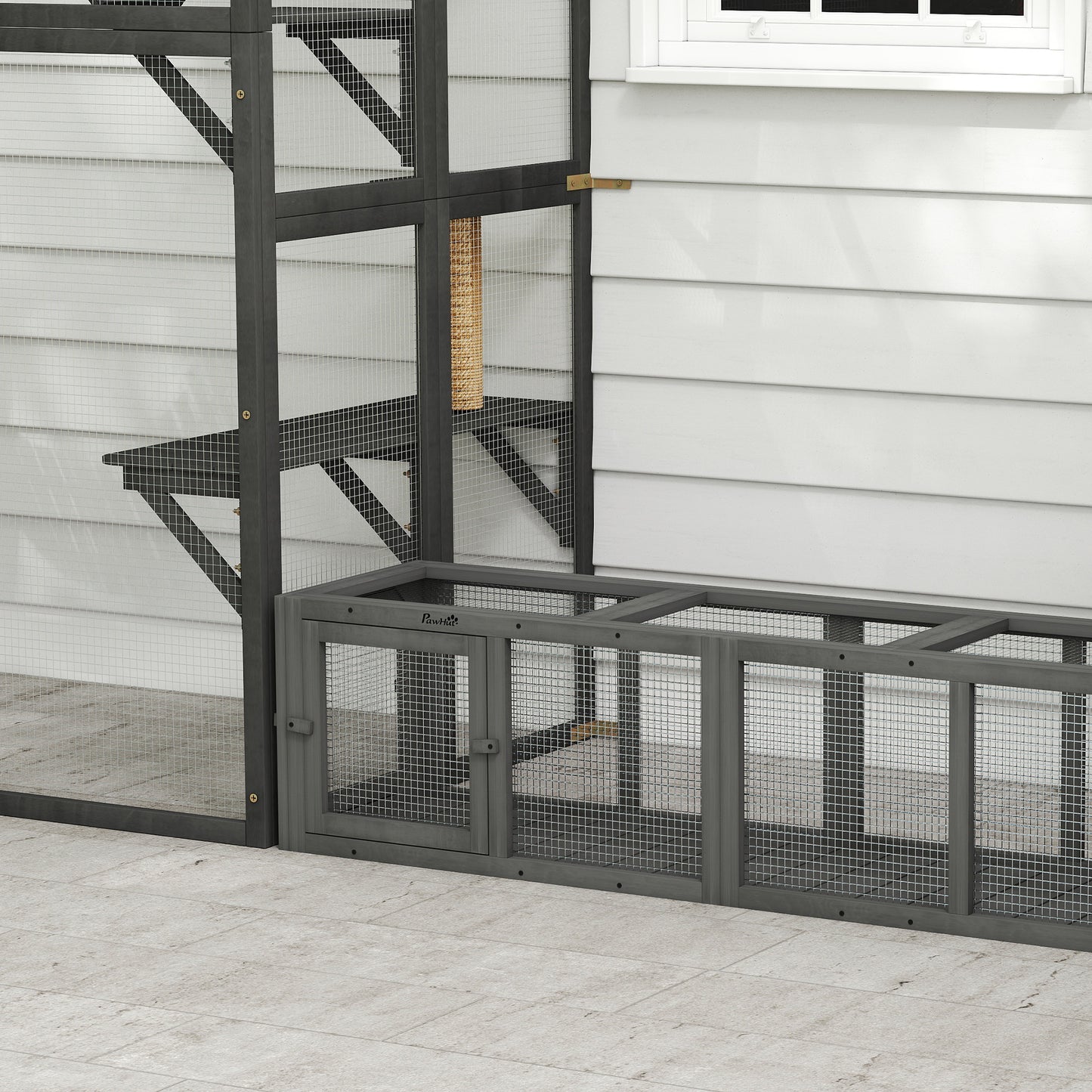 Outdoor Cat Tunnel, Wooden Play Cat Enclosure, Extendable Pet Run with 3 Doors, for Indoor and Outdoor Use, Grey