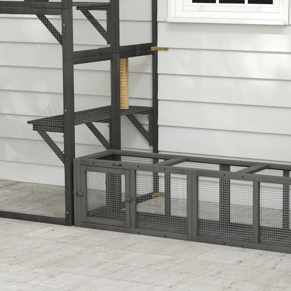 Outdoor Cat Tunnel, Wooden Play Cat Enclosure, Extendable Pet Run with 3 Doors, for Indoor and Outdoor Use, Grey