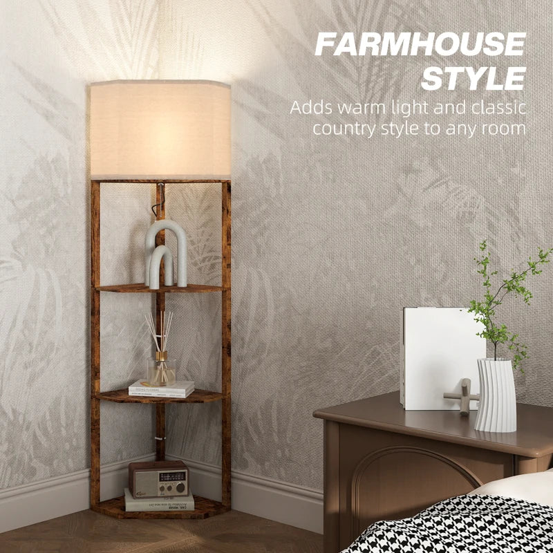 Farmhouse style - Corner Floor Light with 3-Tier Shelving and wood effect