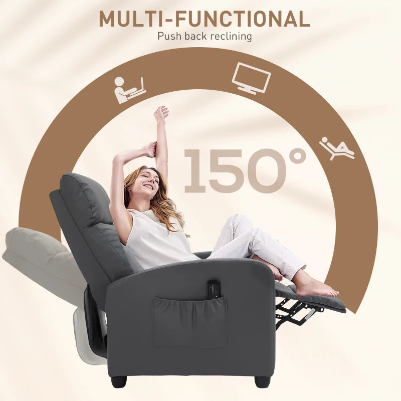 Reclining Massage Function Faux Leather Armchair with Adjustable Leg Rest & Side Pocket - Grey