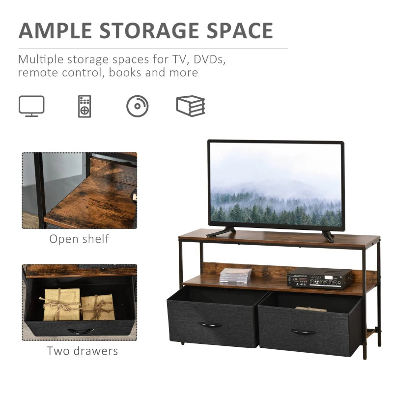 Dark Oak Style Compact TV Stand / Media Centre Unit with 2 Foldable Linen Drawers & Shelving