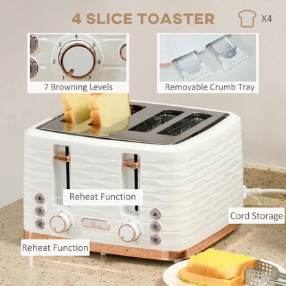 Kettle (1.7L) and Toaster Set with 7 Browning Controls and Crumb Tray (4 Slice) - White / Rose Gold