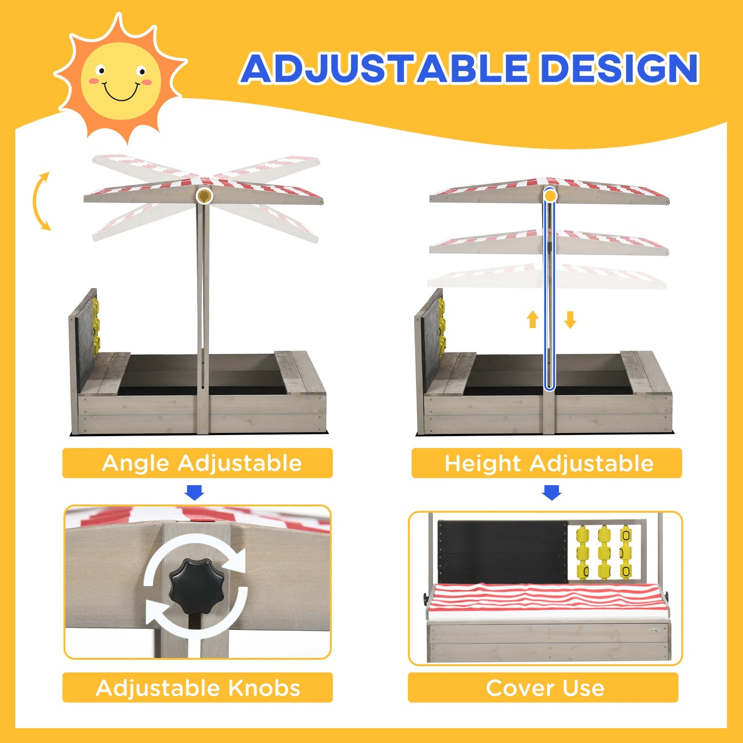 Kids Wooden Sandpit / Sandbox with Canopy, Chalkboard and Naughts & Crosses