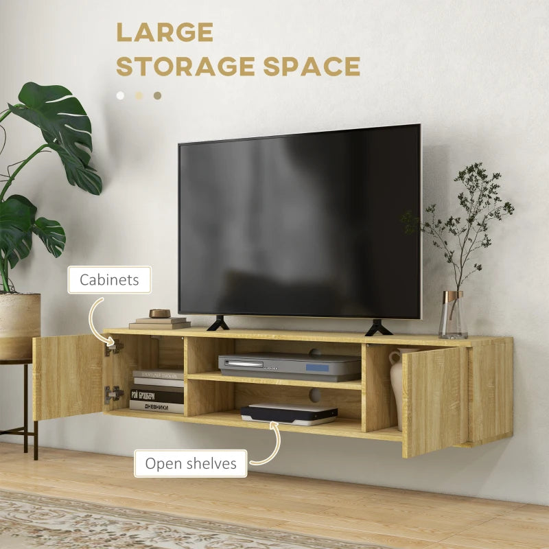 Wood Style - Floating Media Center / TV Stand with Open Shelving and Storage Cupboards