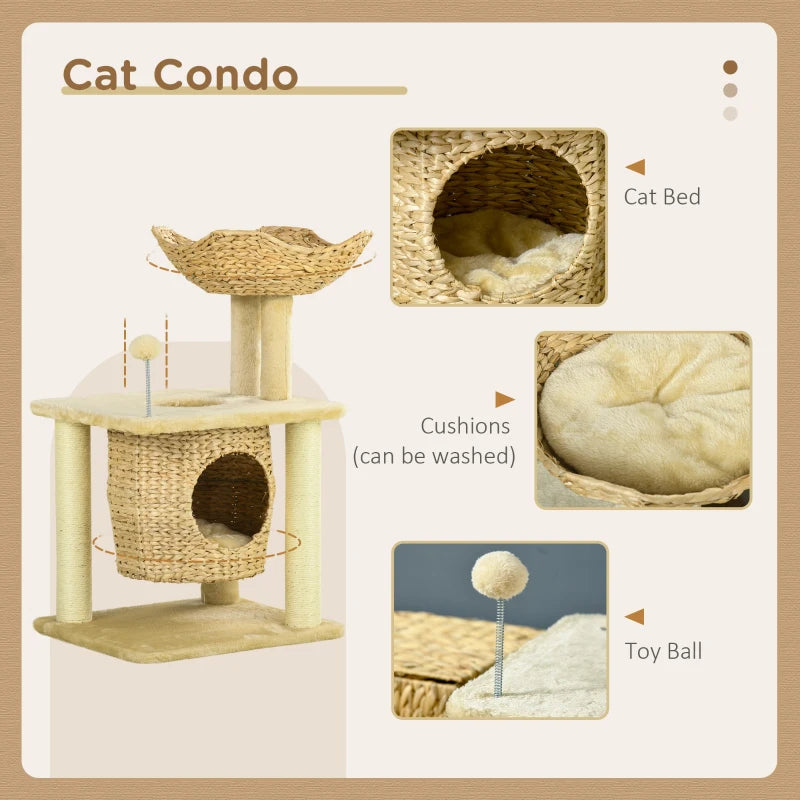 Small Cat Tree with Scratching Post, Cat House, Top Bed and Toy Ball