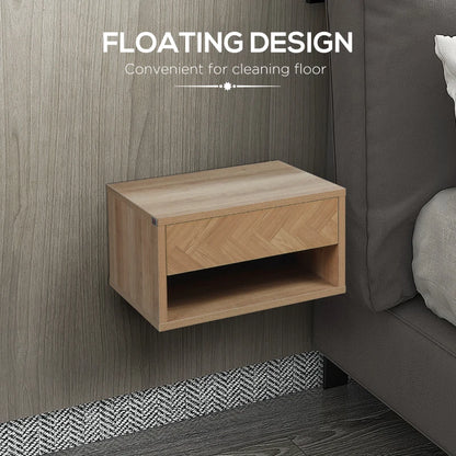 Set of 2 Bed Side Table - Wall Mounted with Drawer & Underneath Shelf - Wood Effect