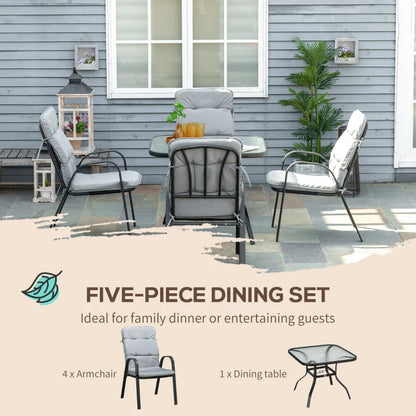 5 Piece - Garden Dining Set with Tempered Glass Dining Table & 4 Cushioned Armchairs