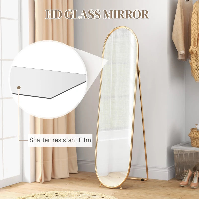 Curved Oval Shape Full Length Mirror - Freestanding or Wall Mounted - Gold Tone Bezel