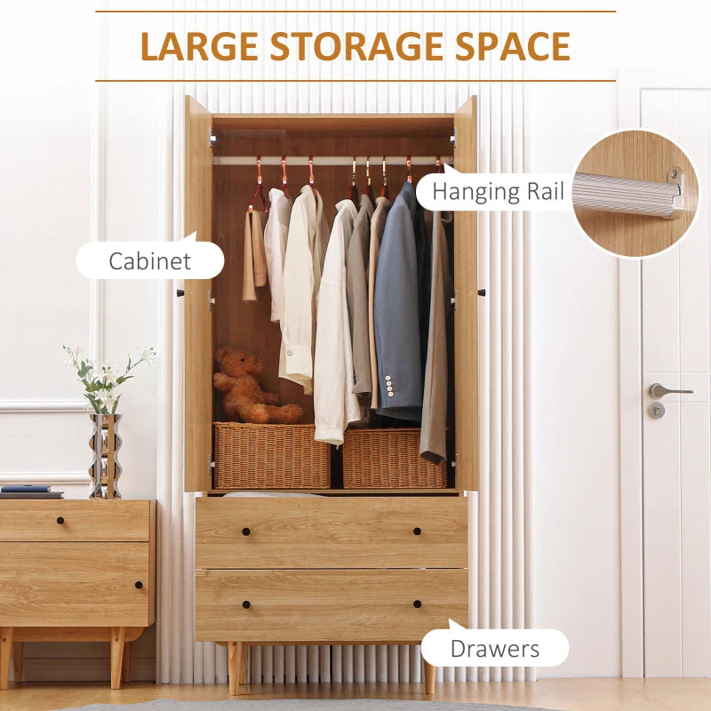 Wooden Freestanding Wardrobe with 2 Drawer Storage and Wooden Pole Feet