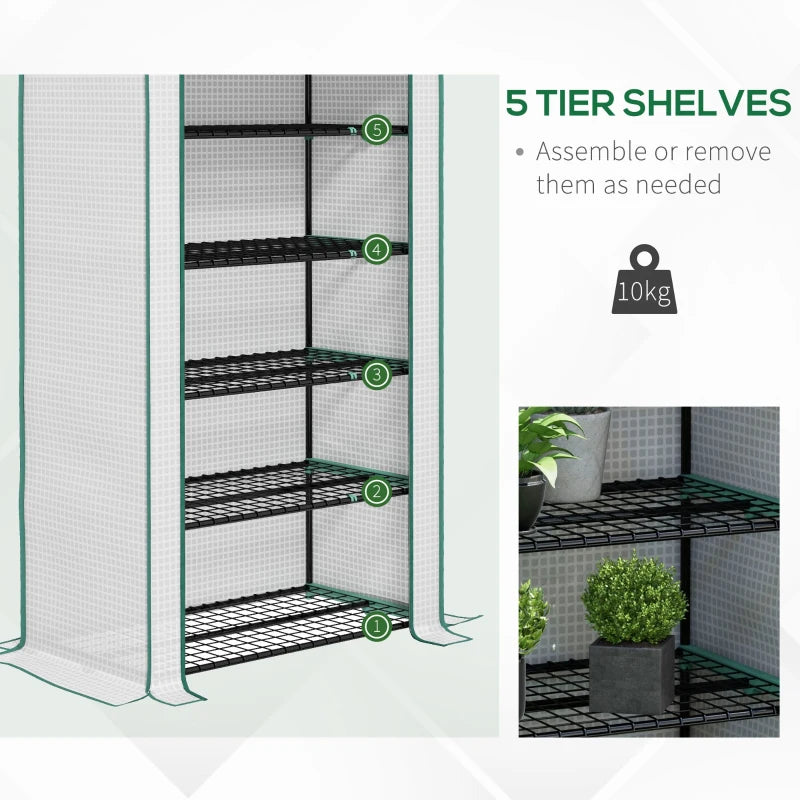 5-Tier Slimline Tall Greenhouse with Roll-Up Door and Wire Shelves - White / Green