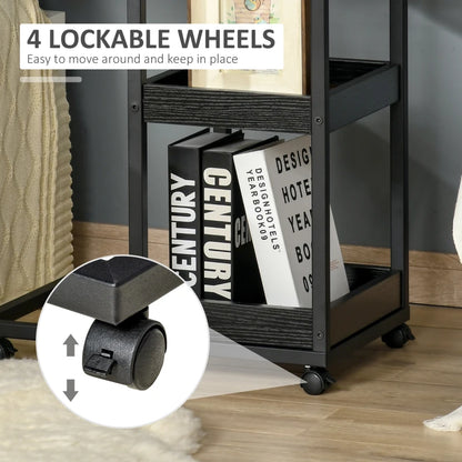 3-Tier C-Shaped Side Table / Bedside Nightstand with 2 Shelves and Laptop Tabletop and Lockable Wheels