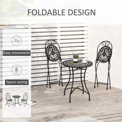 3-Piece - Metal Frame Garden Bistro Set with Mosaic Seat and Table Tile Top - Coffee Table and 2 Folding Chairs