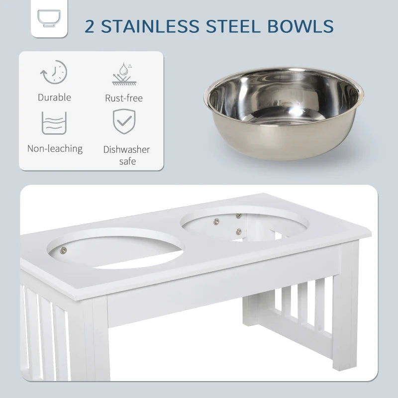 Raised Wooden Feeder with 2 Stainless Steel Bowls for Extra Small and Small Dogs - White