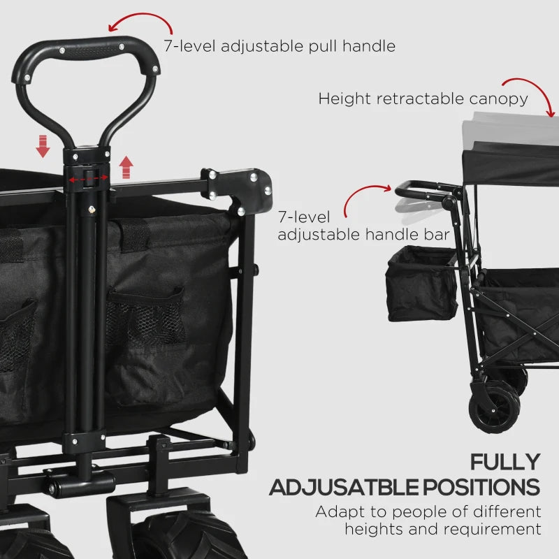 Folding Trolley Cart - Storage Wagon with Canopy & Handle - Black