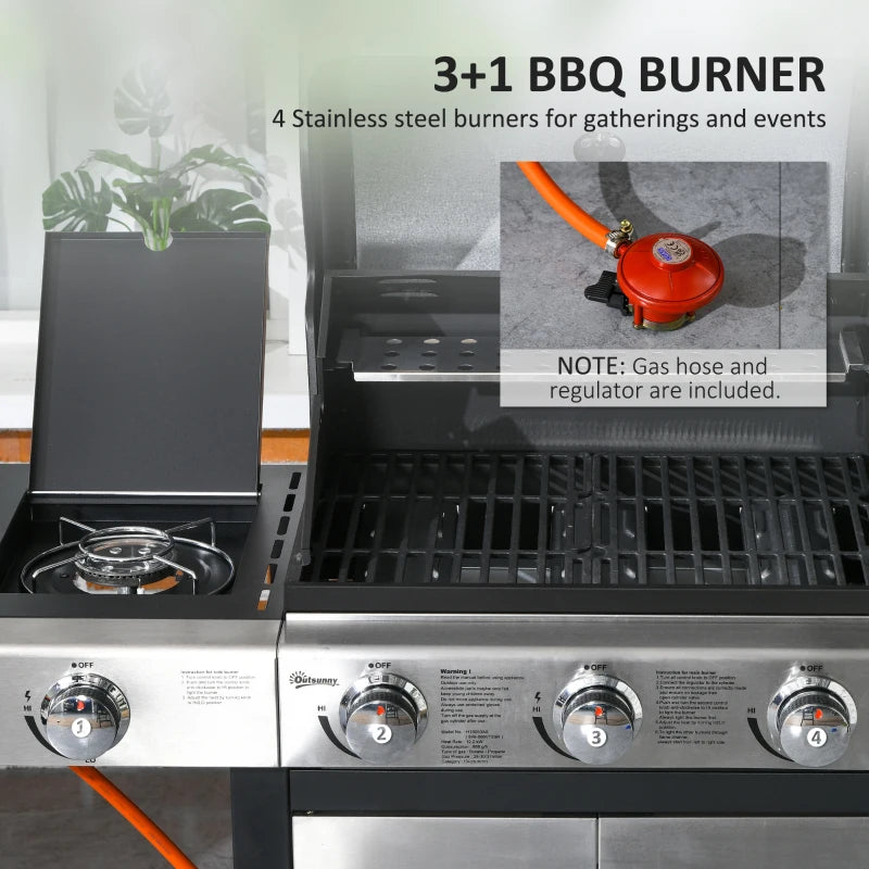 3 Burner Gas Grill + 1 Side Burner Stove Top with Side Shelf and Underneath Storage