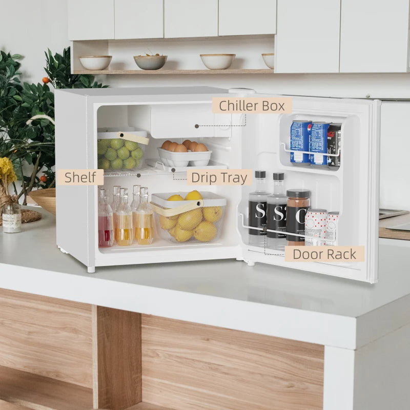 46L - Table Top / Under Desk Small Fridge with Ice Box, Reversible Door, Adjustable Temperature and Legs - Half Fridge - White