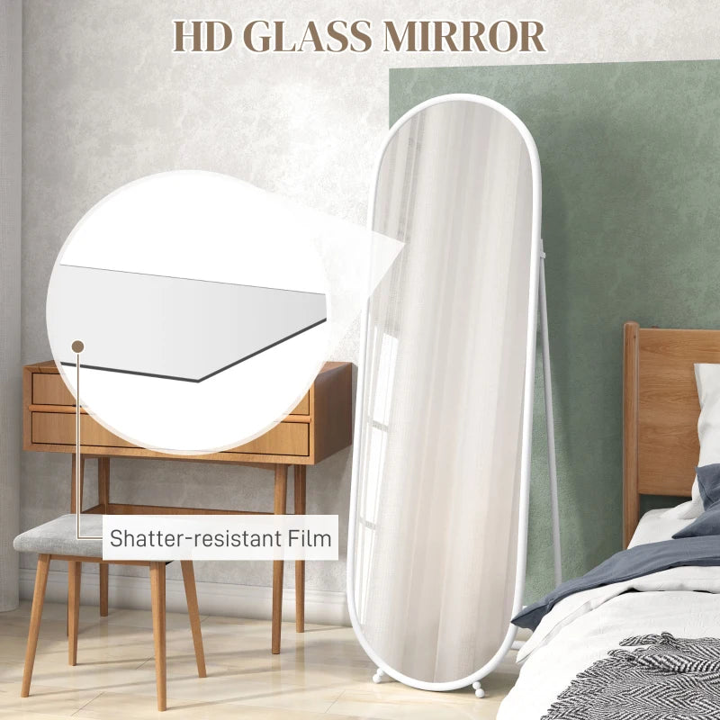 Curved Oval Shape Full Length Mirror - Freestanding or Wall Mounted - White Bezel