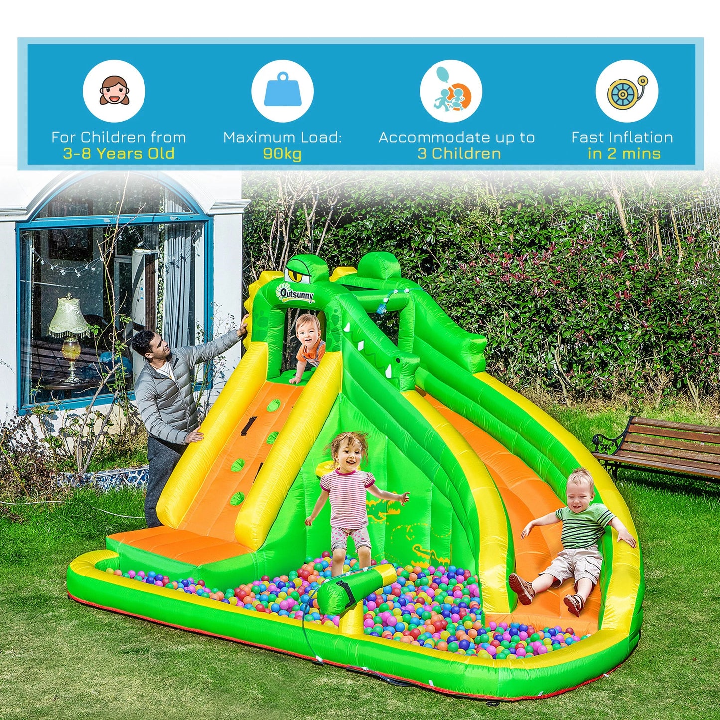 5in1 Kids Bouncy Castle with Climbing Wall, Slide, Ball Hoop, Water Sprayer and Paddle Pool