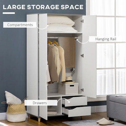 Modern Wardrobe with Handle Cut Outs, Hanging Rail, Underneath Storage Section and 2-Pull Out Drawers - White