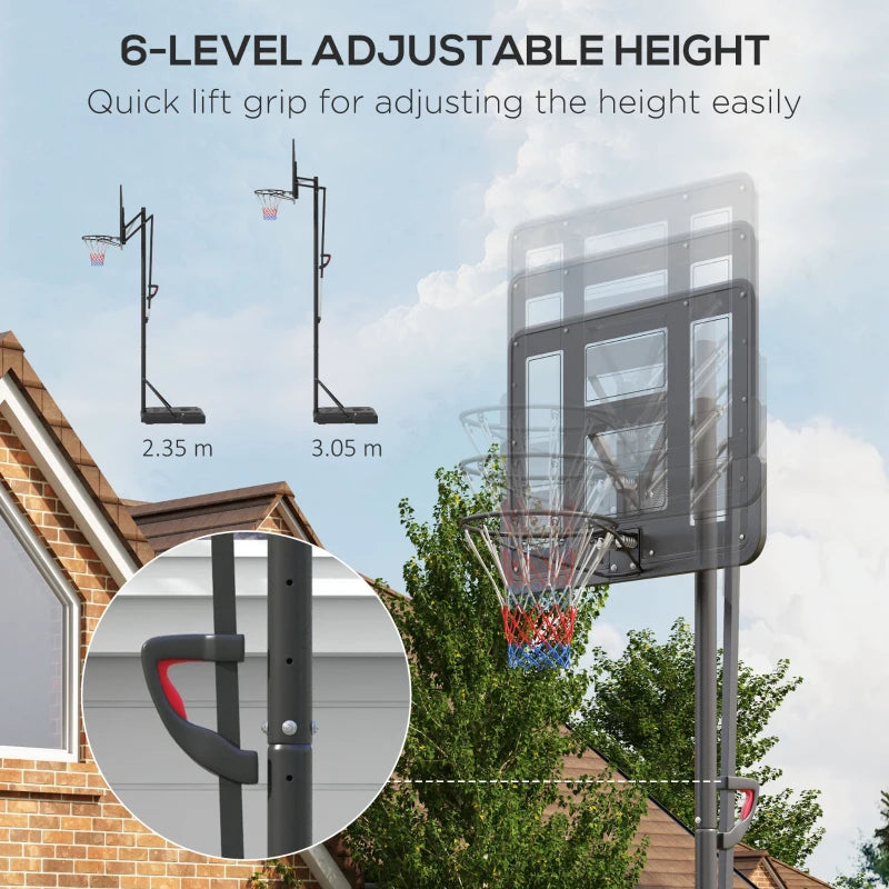 2.35-3.05m - Height Adjustable Basketball Hoop / Net with Dark Grey Backboard