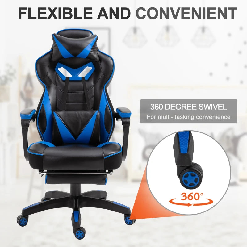 Computer Gaming Chair with Lumbar Support and Footrest - Blue / Black