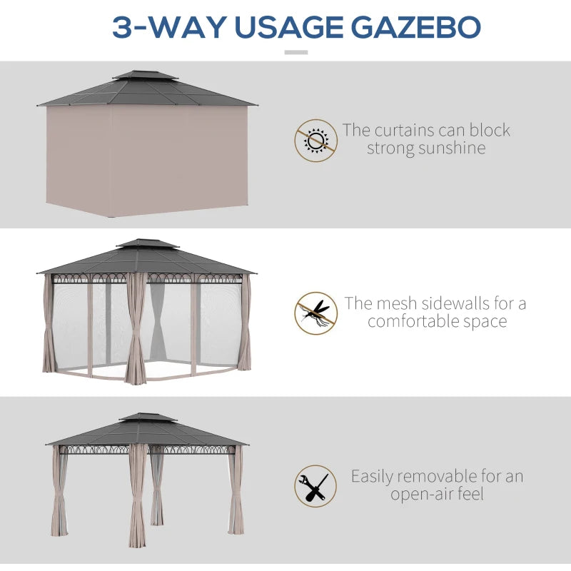 Hard Top Double Polycarbonate Roof Gazebo with Nettings & Curtains - 3x3 (m) - Black / Dark Khaki