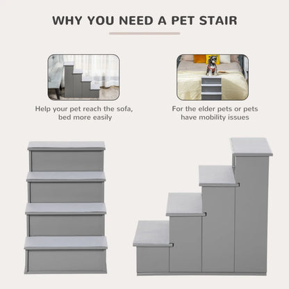 Wooden 4-Step Pet Stairs / Ladder with Anti Slip Carpet Mats - Grey