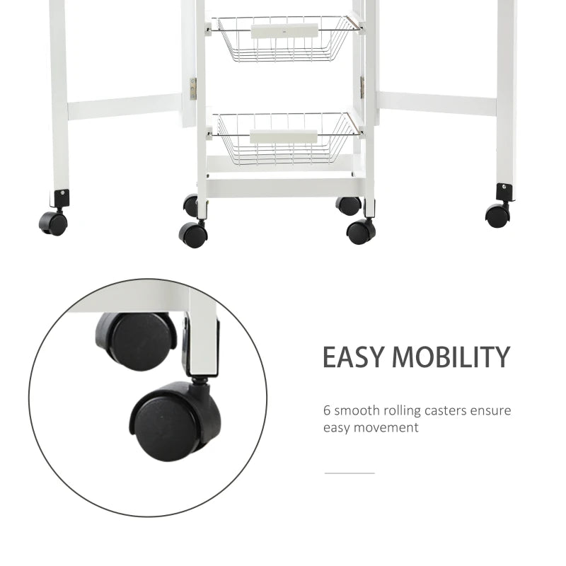 Drop Leaf Kitchen Cart Trolley with 3 Wire Basket Drawers and Extendable Countertop