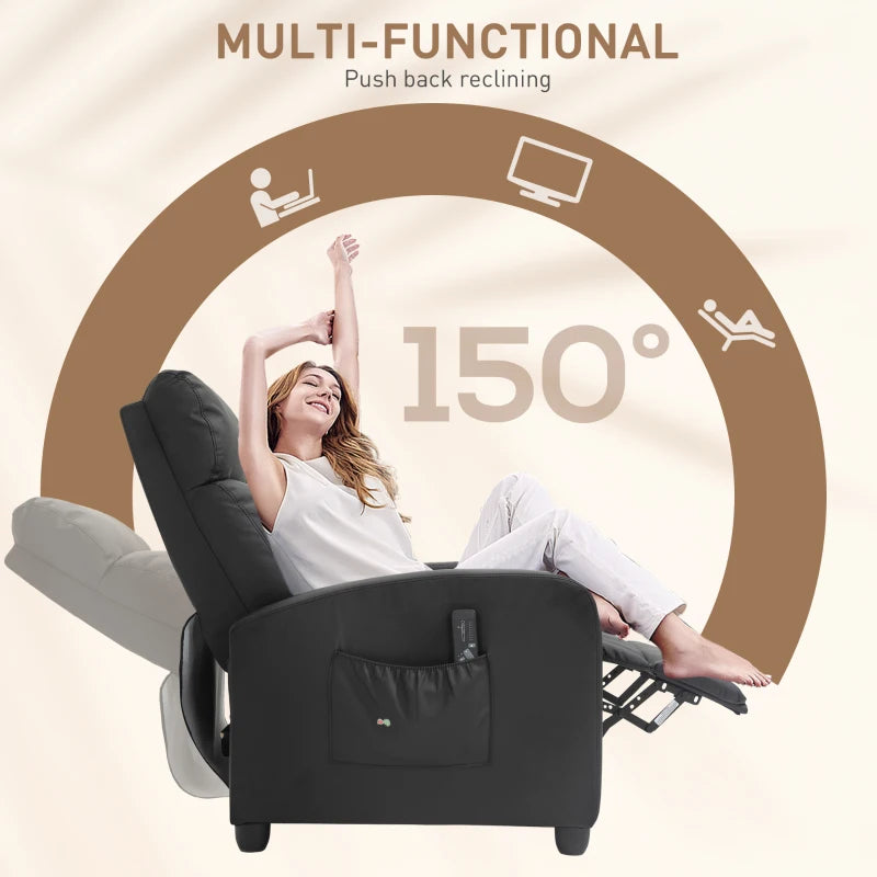 Reclining Massage Function Faux Leather Armchair with Adjustable Leg Rest & Side Pocket - Black