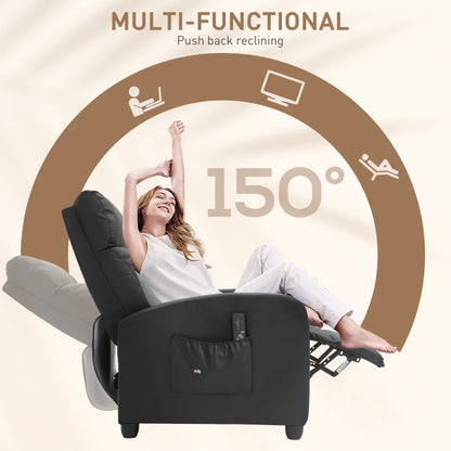 Reclining Massage Function Faux Leather Armchair with Adjustable Leg Rest & Side Pocket - Black