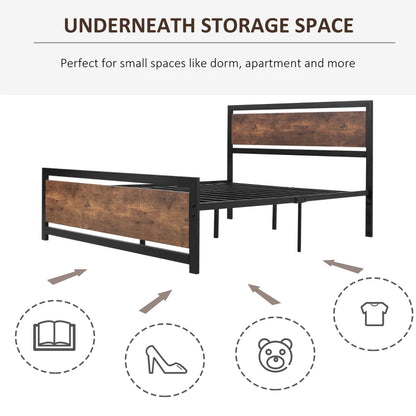 Rustic Style Double Bed Frame with Headboard & Footboard and Underbed Storage Space