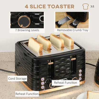 Kettle (1.7L) and Toaster Set with 7 Browning Controls and Crumb Tray (4 Slice) - Black / Gold