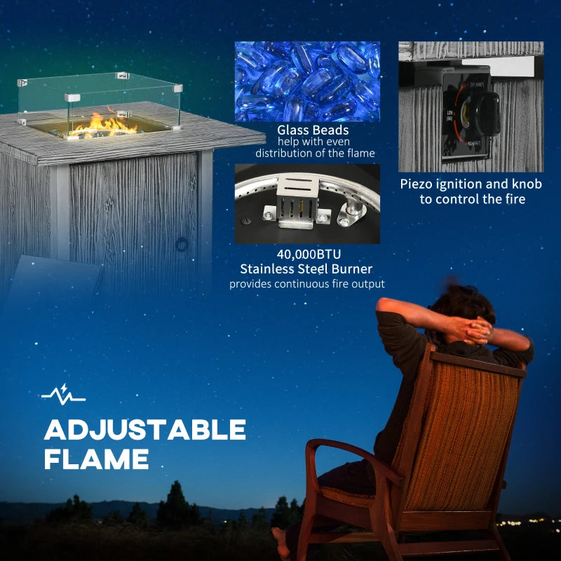 50,000 BTU - Rectangular Grey Wood Effect Fire Pit Table with Glass Windscreen