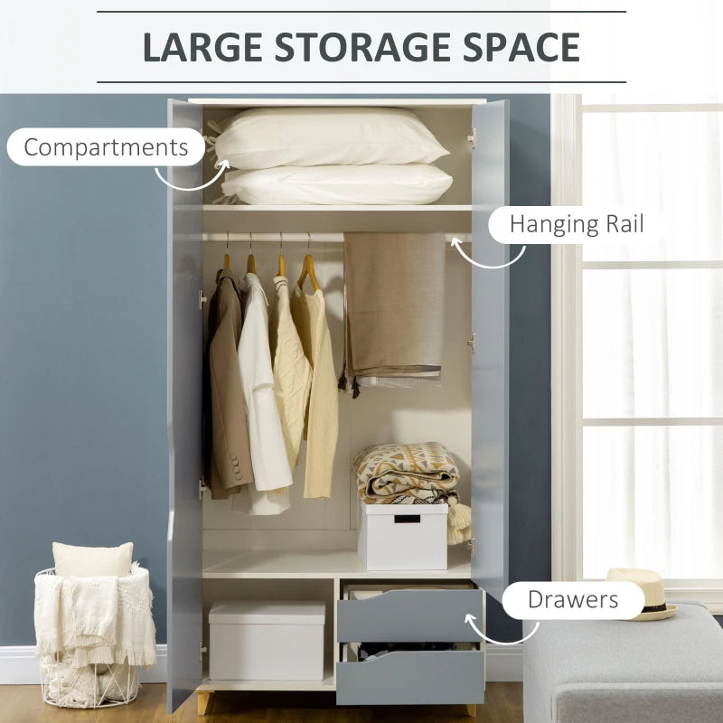 Modern Wardrobe with Handle Cut Outs, Hanging Rail, Underneath Storage Section and 2-Pull Out Drawers - Grey / White