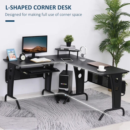 L-Shaped Corner Work Desk / Gaming / Office w/ Steel Frame CPU Rack Keyboard Tray Space-Saving Melamine Coating Computer Home Workstation Black