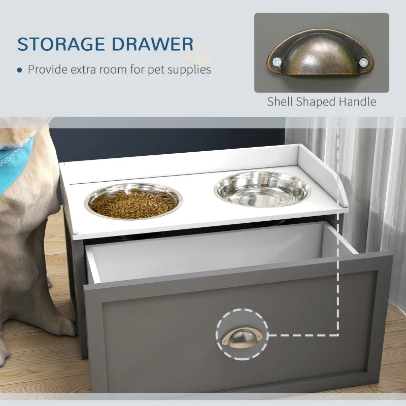 Raised Dog Feeder with 2 Stainless Steel Bowls & 21L Storage Drawer - Grey