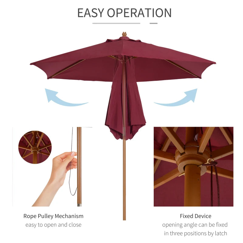 2.5m - Wooden Garden Parasol Outdoor Canopy Sun Shade for Patio - Wine Red