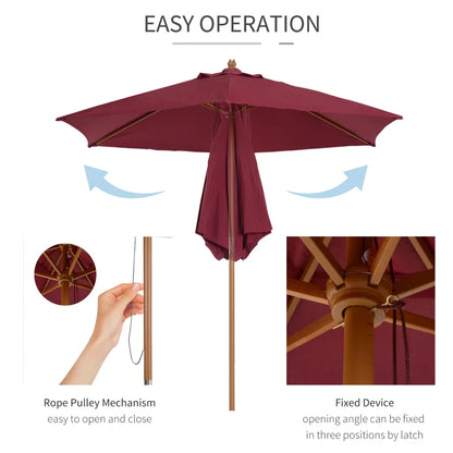 2.5m - Wooden Garden Parasol Outdoor Canopy Sun Shade for Patio - Wine Red