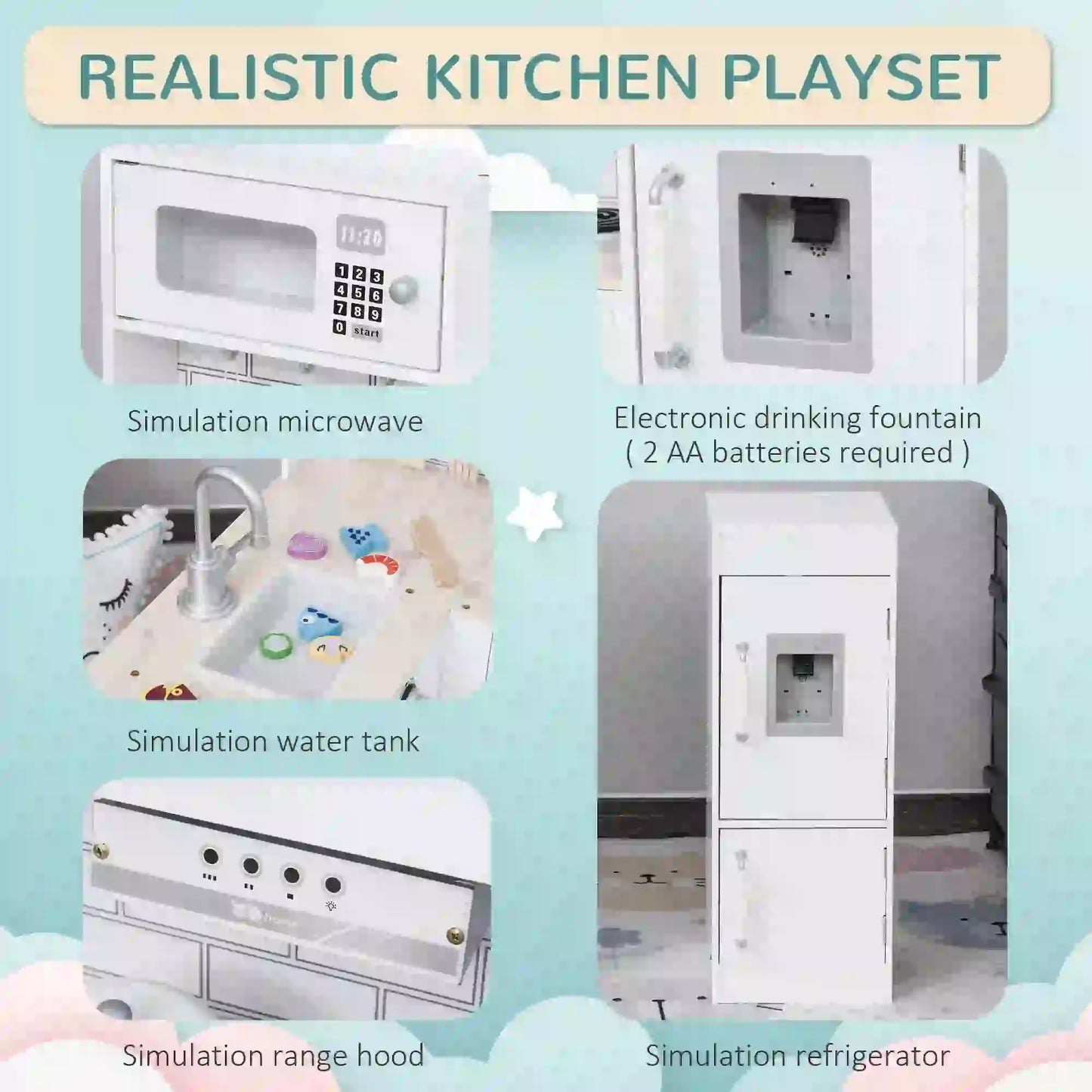 Kids Kitchen Playset with Tap, Fridge and Microwave - White